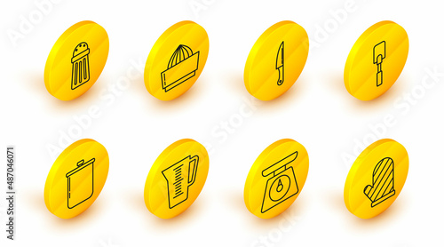 Set line Oven glove, Scales, Measuring cup, Cooking pot, Spatula, Knife, Citrus fruit juicer and Salt icon. Vector