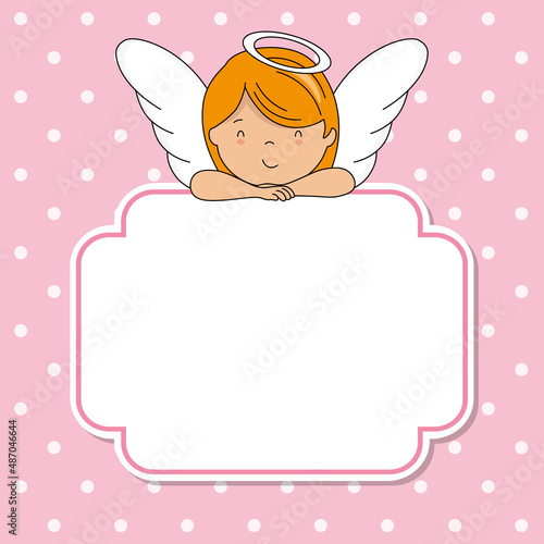 Cute angel girl with frame with space for text or photo.
