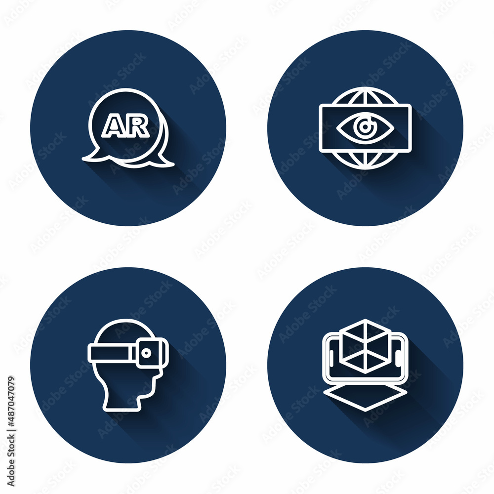 Set line Augmented reality AR, Big brother electronic eye, Virtual glasses and 3d modeling with long shadow. Blue circle button. Vector Set line Augmented reality AR, Big brother electronic eye, Virtual glasses and 3d modeling with long shadow. Blue circle button. Vector