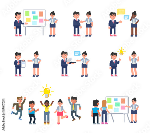 Set of people in office in various situations. Man and woman talking, pointing to chalkboard, showing presentation and other actions. Modern vector illustration