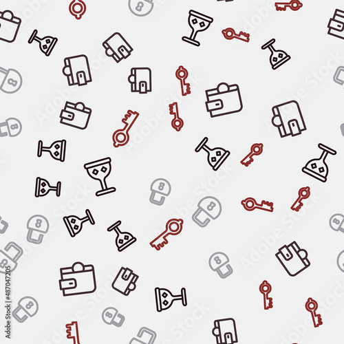 Set line Medieval goblet, Wallet, Open padlock and Old magic key on seamless pattern. Vector