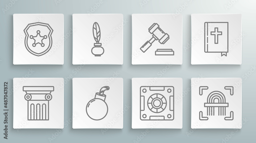 Set line Law pillar, Feather and inkwell, Bomb ready to explode, Safe, Fingerprint, Judge gavel, Holy bible book and Police badge icon. Vector Set line Law pillar, Feather and inkwell, Bomb ready to explode, Safe, Fingerprint, Judge gavel, Holy bible book and Police badge icon. Vector