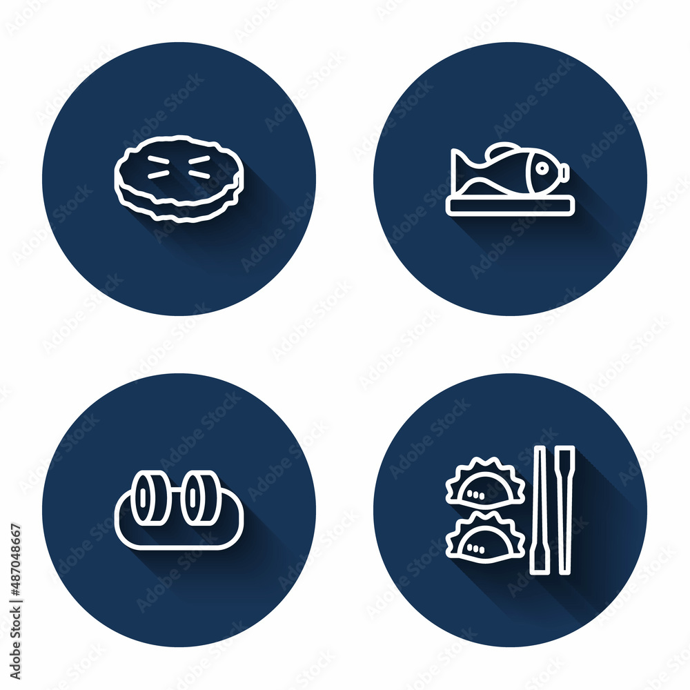 Set line Homemade pie, Served fish on plate, Sushi and Dumpling with chopsticks with long shadow. Blue circle button. Vector Set line Homemade pie, Served fish on plate, Sushi and Dumpling with chopsticks with long shadow. Blue circle button. Vector