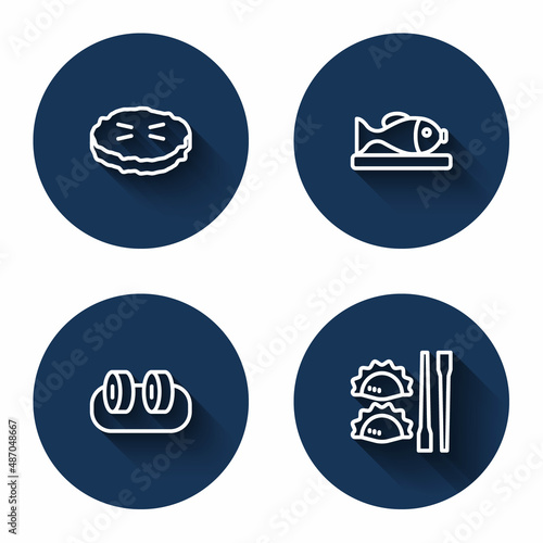 Set line Homemade pie, Served fish on plate, Sushi and Dumpling with chopsticks with long shadow. Blue circle button. Vector