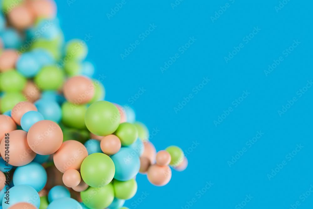 Colorful spheres on blue background. Abstract shallow focus cover design. 3D rendering. Colorful spheres on blue background. Abstract shallow focus cover design. 3D rendering.