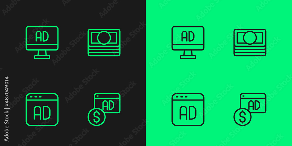 Set line Advertising, and Stacks paper money cash icon. Vector Set line Advertising, and Stacks paper money cash icon. Vector