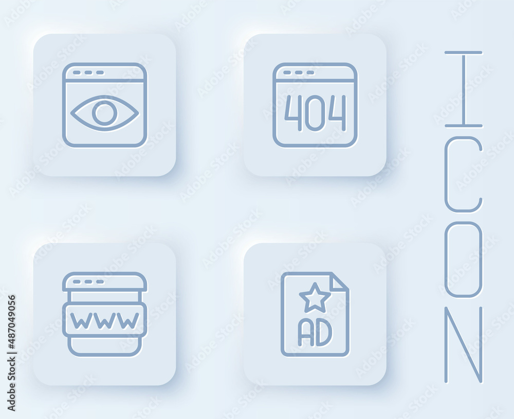 Set line Personal information collection, Page with 404 error, Browser window and Advertising. White square button. Vector Set line Personal information collection, Page with 404 error, Browser window and Advertising. White square button. Vector