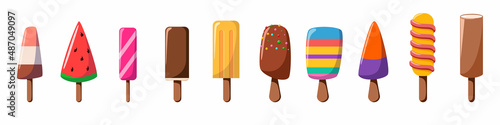 A set of delicious ice cream. A sweet summer treat with different flavors, a ready-made isolated fruit popsicle with different fillings on a stick. Vector illustration in cartoon style.
