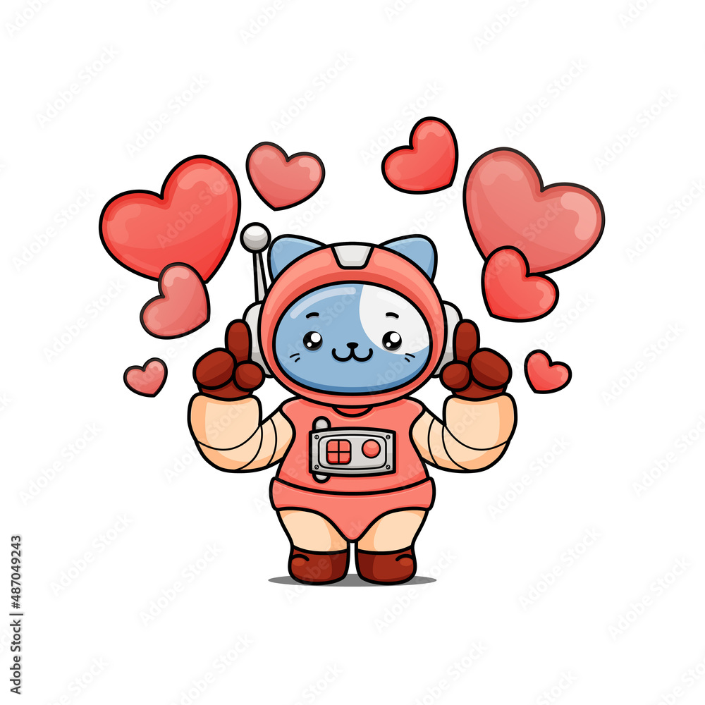 Obraz premium celebrating valentine's day, illustration of a cute cat wearing a spacesuit, cartoon in kawaii style, illustration of heart with outlines , kitten pointing hand into air, love bg