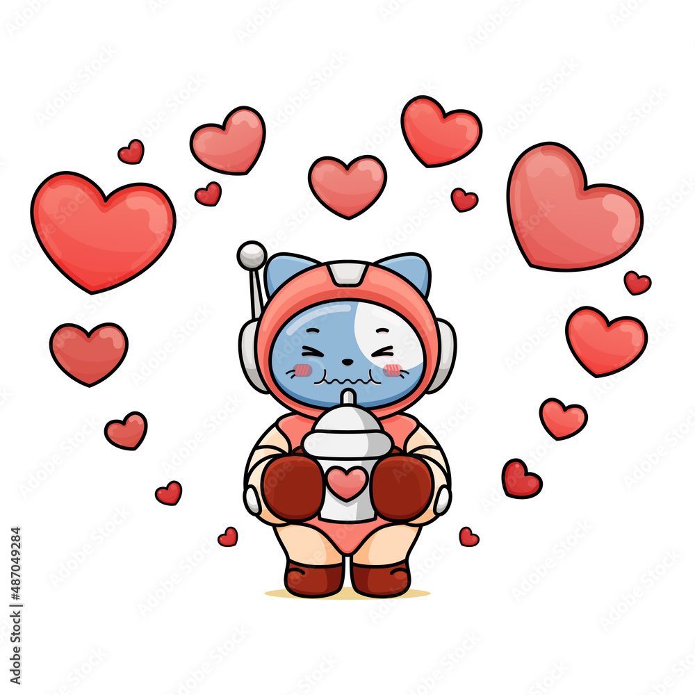 Obraz premium celebrating valentine's day, illustration of a cute cat wearing spacesuit, cartoon in kawaii style, illustration of heart with outlines, kitten holding tumbler and drinking it, love bg