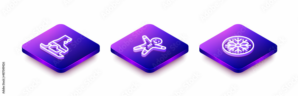 Set Isometric line Skates, Holiday gingerbread man cookie and Snowflake icon. Vector Set Isometric line Skates, Holiday gingerbread man cookie and Snowflake icon. Vector