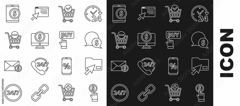 Set line Hand holding coin, Cursor click document folder, Speech bubble with dollar, Shopping cart check mark, Computer monitor, Remove shopping, Tablet and Buy button icon. Vector Set line Hand holding coin, Cursor click document folder, Speech bubble with dollar, Shopping cart check mark, Computer monitor, Remove shopping, Tablet and Buy button icon. Vector