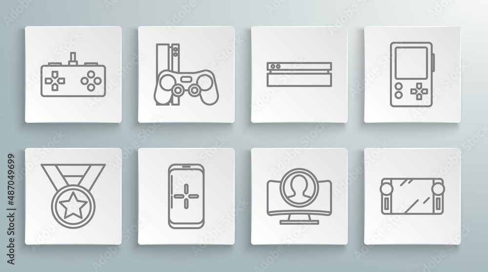 Set line Medal, Game console with joystick, Smartphone and playing in game, Create account screen, Portable video, Video, and Gamepad icon. Vector Set line Medal, Game console with joystick, Smartphone and playing in game, Create account screen, Portable video, Video, and Gamepad icon. Vector