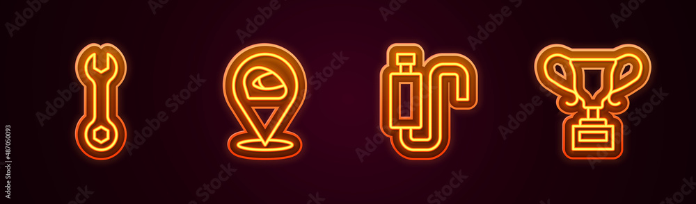 Set line Wrench spanner, Racing helmet, Car muffler and Award cup. Glowing neon icon. Vector Set line Wrench spanner, Racing helmet, Car muffler and Award cup. Glowing neon icon. Vector