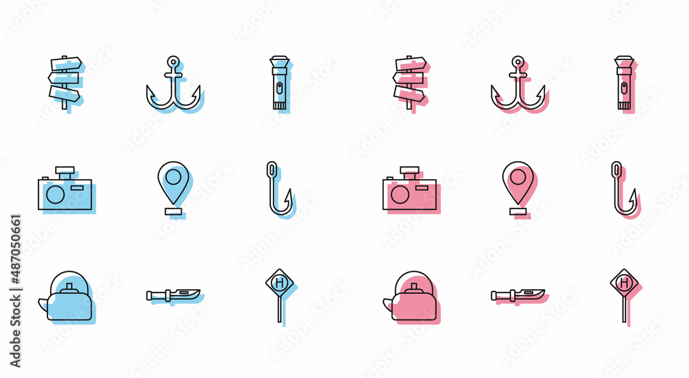 Set line Kettle with handle, Camping knife, Road traffic signpost, Parking, Location, Fishing hook, Photo camera and Anchor icon. Vector Set line Kettle with handle, Camping knife, Road traffic signpost, Parking, Location, Fishing hook, Photo camera and Anchor icon. Vector