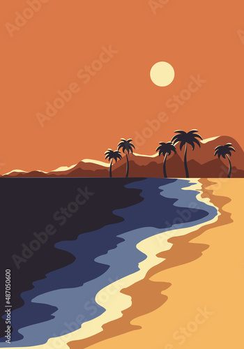 Decorative boho poster of blue sea on terracotta beach. Contemporary natural wall art with palms on orange island waterfront under sunset. Modern abstract vector scenery in flat simple style.
