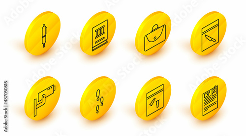 Set line Lawsuit paper, Evidence bag and bullet, Footsteps, Security camera, knife, Briefcase, book and Pen icon. Vector