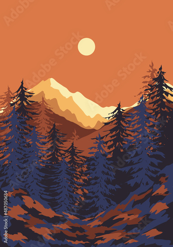 Contemporary wall decor with terracotta mountains, trees and woods. Vector scenery of sunrise above wild timberland. Natural botanic minimalist poster in trendy flat style.
