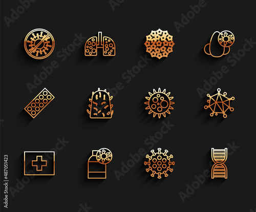 Set line First aid kit, Bottle with virus, Stop, Virus, DNA symbol, Rabies, and icon. Vector