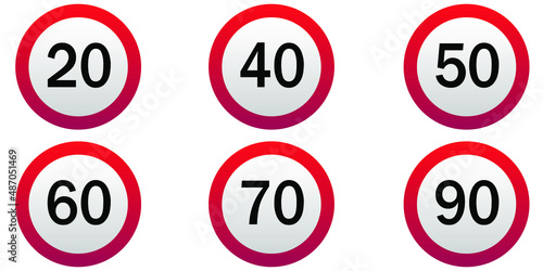 Speed limitation road sign set.Vector illustration isolated on white background