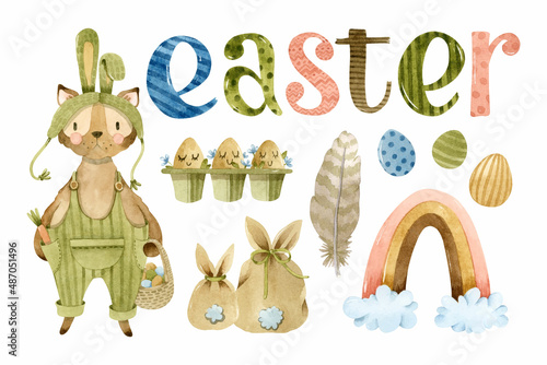 Easter cat dressed bunny, rainbow and eggs watercolor elements 