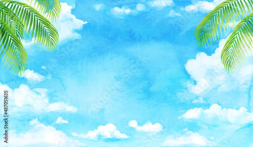 水彩の青空とヤシの木の南国なベクターイラスト背景(リゾート,夏,旅行,バカンス,ココナッツ,サマータイム)
