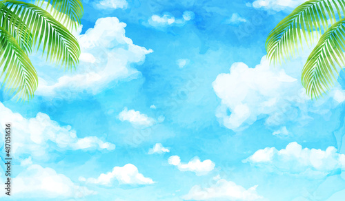 水彩の青空とヤシの木の南国なベクターイラスト背景(リゾート,夏,旅行,バカンス,ココナッツ,サマータイム)
