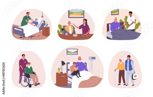 Senior people care and support concept. Nurses, caregivers help old at home, in hospital. Volunteers assist elderly aged men and women. Flat graphic vector illustrations isolated on white background