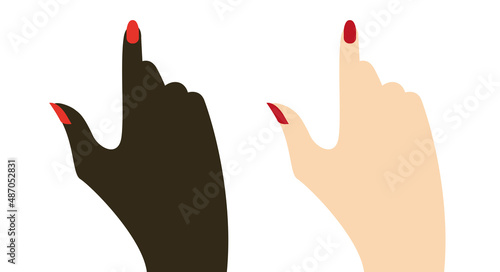 Black and white female hands with pointing finger. Womans tap hand with manicure. Flat vector illustration isolated on white background.