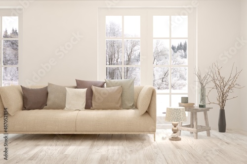 White living room with sofa and winter landscape in window. Scandinavian interior design. 3D illustration