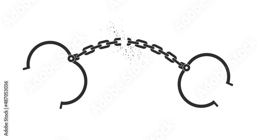 Open handcuffs with broken chain. Liberation, freedom, justification. Flat vector illustration isolated on white background.