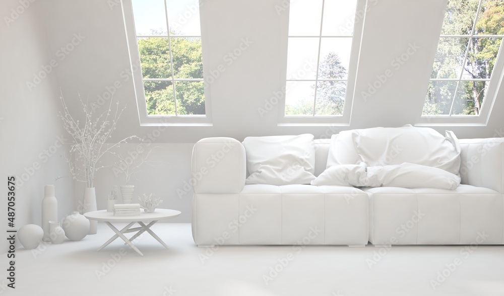 Fototapeta premium Mock up of stylish room in white color with sofa and green landscape in window. Scandinavian interior design. 3D illustration