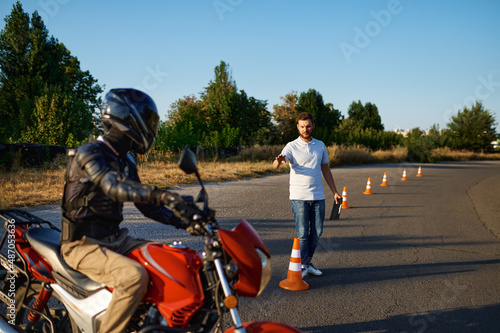 Fototapeta Driving course on motordrome, motorcycle school