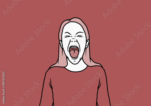 Angry woman screaming with mouth open on red background
 photo