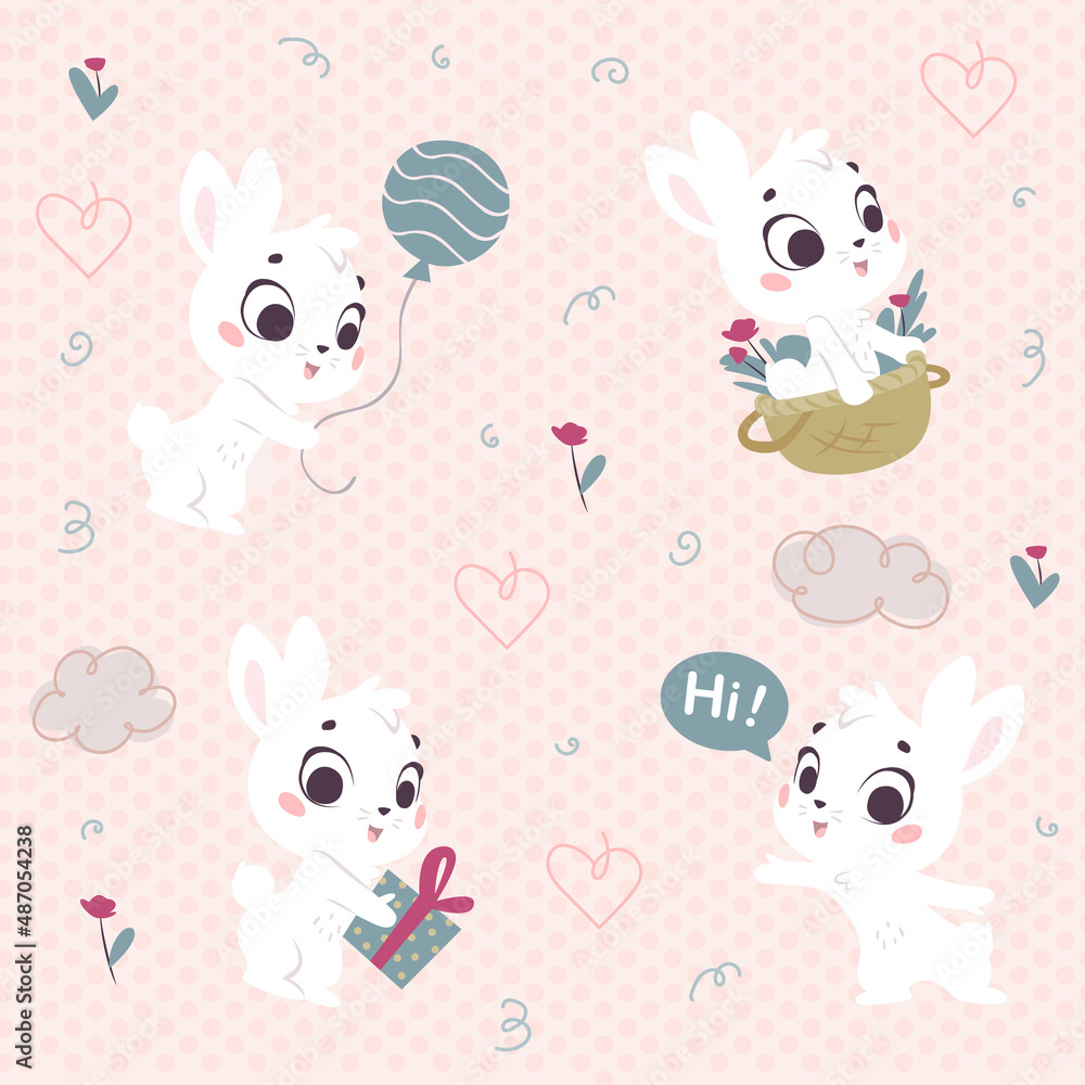 Vector seamless pattern with cute little white bunnies isolated. Nursery design, flat simple cartoon style. For banners, children cards, packaging papers, prints etc.