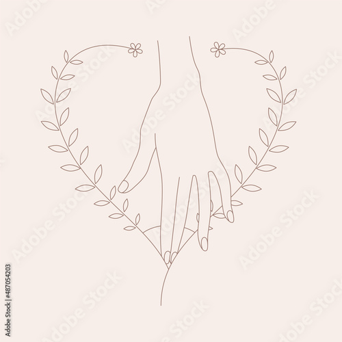 Woman's health and self care concept. Line art illustration of woman's hand on а background of heart of flowers. Love and sexual health. Vector 10 EPS.