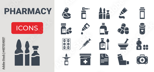Drugs Related Vector Glyph Icons set. Drugs signs. Contains such Icons as Pills, Spray, Syringe, First Aid, Gel, Recipe, Syrup, Pills Tube, Tooth Paste, Capsule, Vitamin, Inhaler, Eye Drops