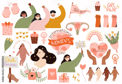 International women day with community of different ethnicity female characters and slogan girl power isolated on white background vector illustration