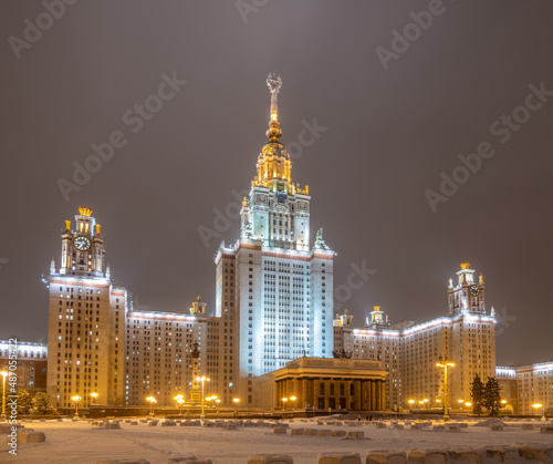 The main building of Lomonosov Moscow State University at winter night. Moscow  Russia