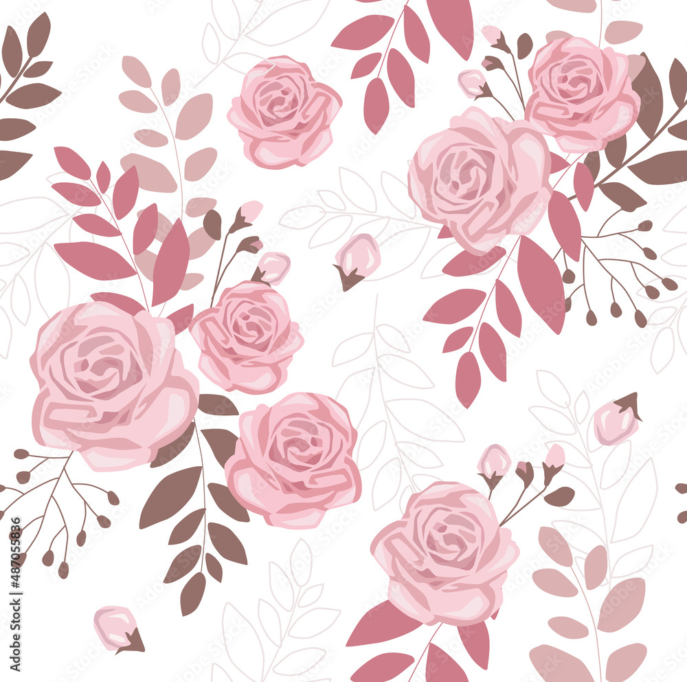 Print. Seamless background with roses. Botanical pattern. Delicate flowers. Pink flower pattern. Wedding decoration. invitation, paper, fabric. Print. Seamless background with roses. Botanical pattern. Delicate flowers. Pink flower pattern. Wedding decoration. invitation, paper, fabric.