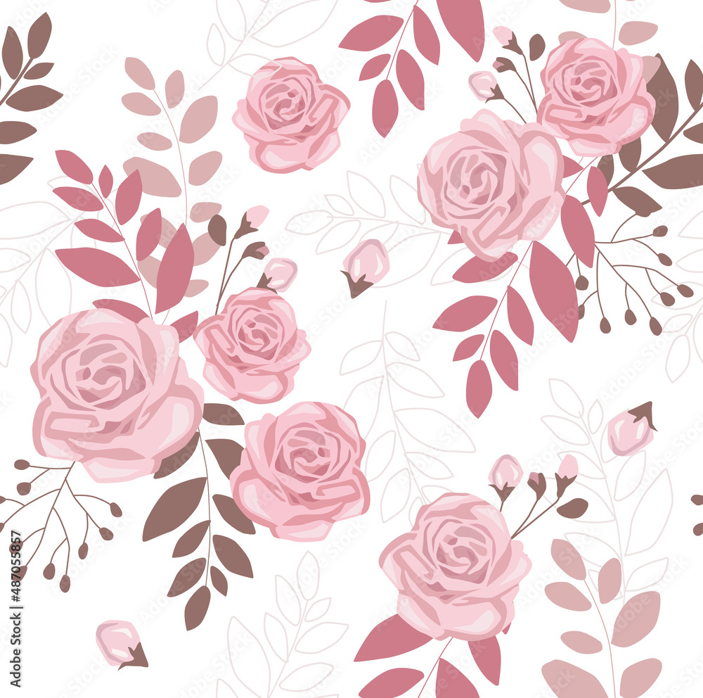 Print. Vector seamless background with roses. Botanical pattern. Delicate flowers. Pink flower pattern. Wedding decoration. invitation, paper, fabric.