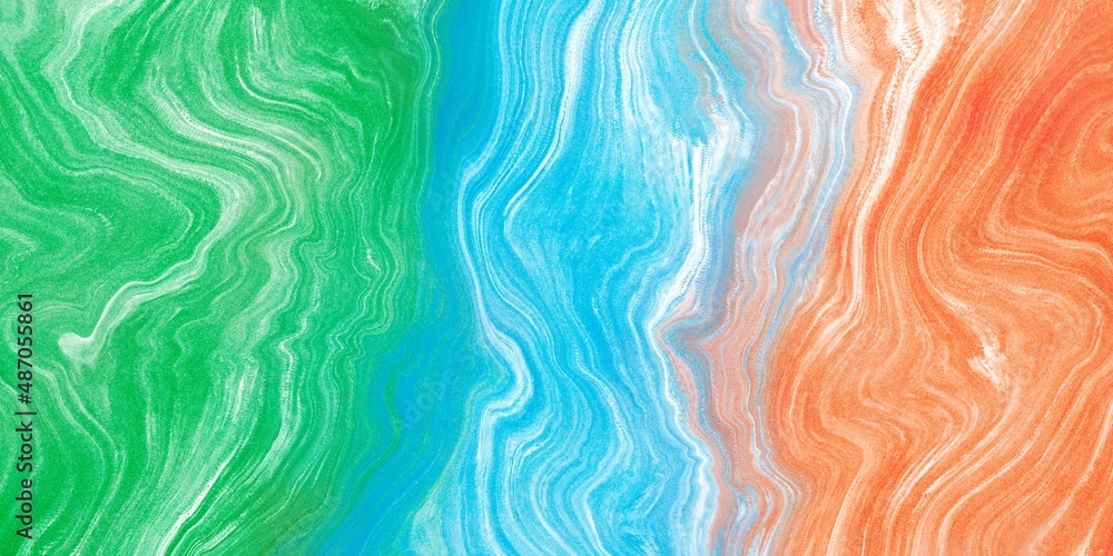 ざらざらテクスチャ・マーブル模様の抽象背景　横長バナー　黄緑と水色とオレンジ　ラメ　カラフル　粒子