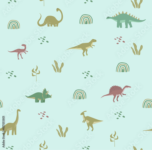 Fototapeta Naklejka Na Ścianę i Meble -  Print. Seamless background with dinosaurs. Jurassic Park. Children's pattern. Tyrannosaurus, Brachiosaurus, Pterodactyl, Diplodocus, Triceptors. Set of cartoon dinosaurs. Can print on fabric
