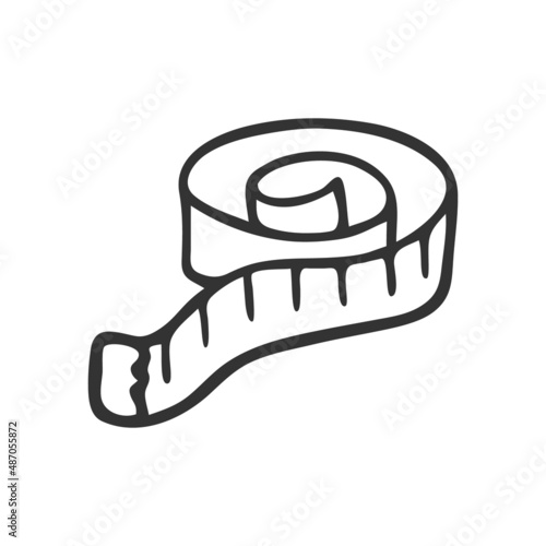 Hand drawn centimeter tape. In doodle style, black outline isolated on white background. Cute element for card, social media banner, sticker, print, decoration kids playroom. Vector illustration