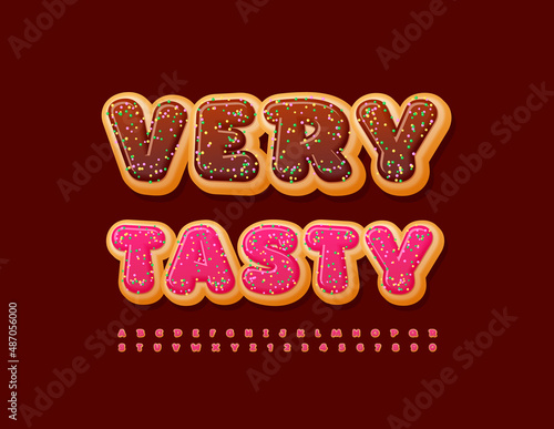 Vector promo badge Very Tasty. Sweet Font with Sugar sprinkles. Pink Glazed Donut Alphabet Letters and Numbers set
