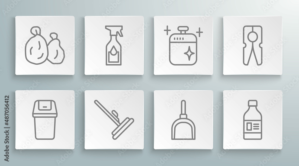 Set line Trash can, Cleaning spray bottle, Mop, Dustpan, Bottle for cleaning agent, cooking pot, Clothes pin and Garbage bag icon. Vector Set line Trash can, Cleaning spray bottle, Mop, Dustpan, Bottle for cleaning agent, cooking pot, Clothes pin and Garbage bag icon. Vector