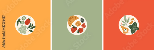 Various food on the plates. Organic food collection. Vintage illustration.