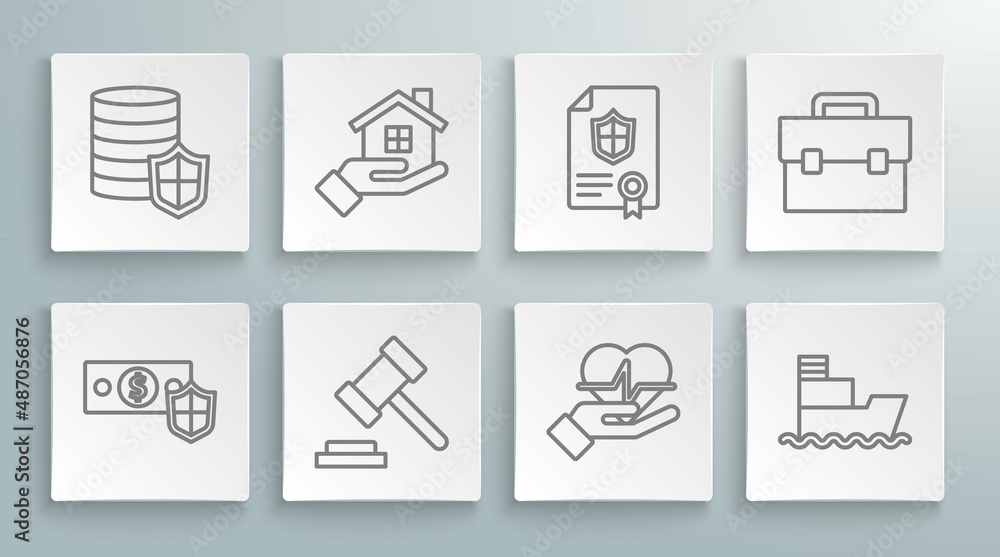 Set line Money with shield, House in hand, Judge gavel, Life insurance, Ship, Contract, Briefcase and icon. Vector Set line Money with shield, House in hand, Judge gavel, Life insurance, Ship, Contract, Briefcase and icon. Vector