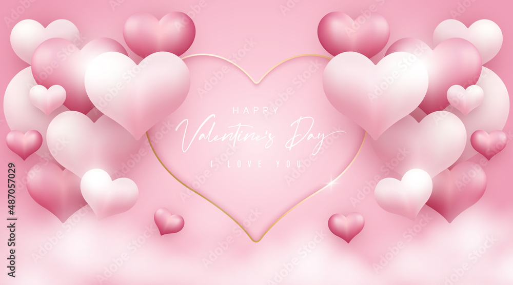 Happy valentines day card. Realistic pink 3d hearts shape with white cloud elements on pink background. Paper cut pink heart shape with gold line and shadow. Pink luxury realistic style vector