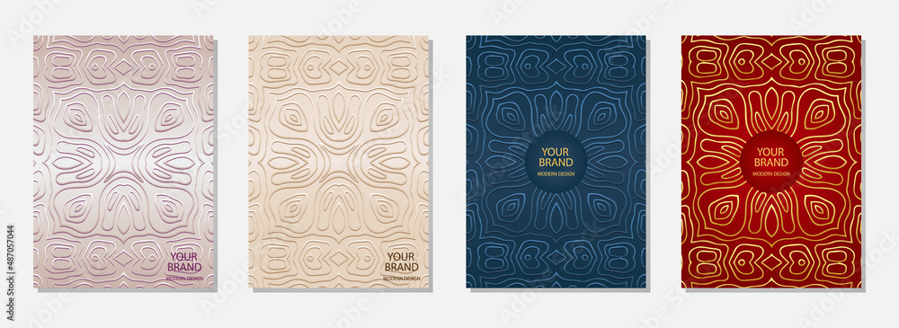 Fototapeta premium Cover design set, vertical templates. Collection of embossed colorful backgrounds. Geometric ethnic golden 3d pattern. Minimalistic creativity of the peoples of the East, India, Mexico, Aztecs.